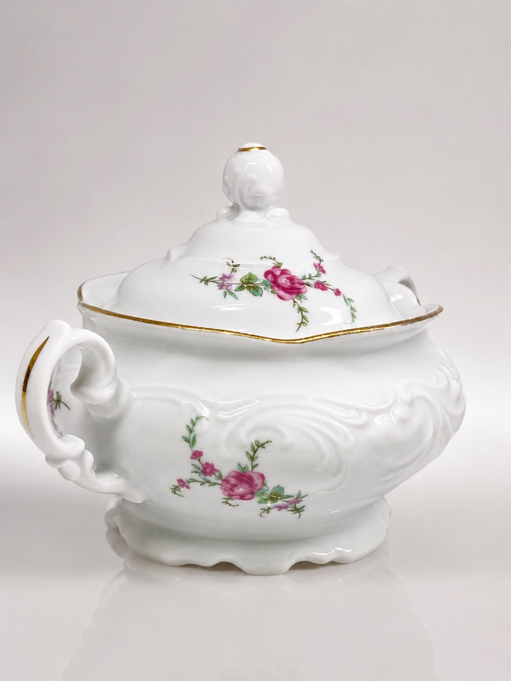 Vintage 1900 Poland Kent Covered Sugar Bowl Tea Pot Pink Rose & Gold Trim Patter